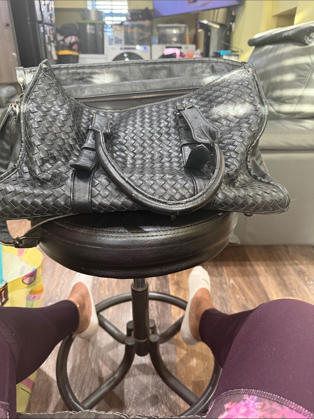 Woven Leather Tote Bag - Black